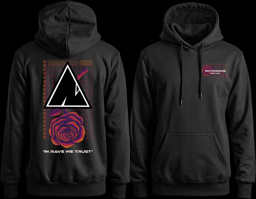 Notorious Hoodie In Rave We Trust — prednja i straznja strana